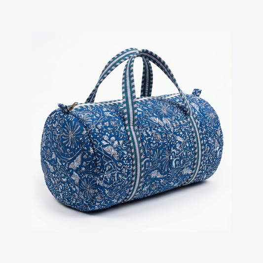 Blue Floral Print Quilted Cotton Duffle Bag – Lightweight Travel Weekender
