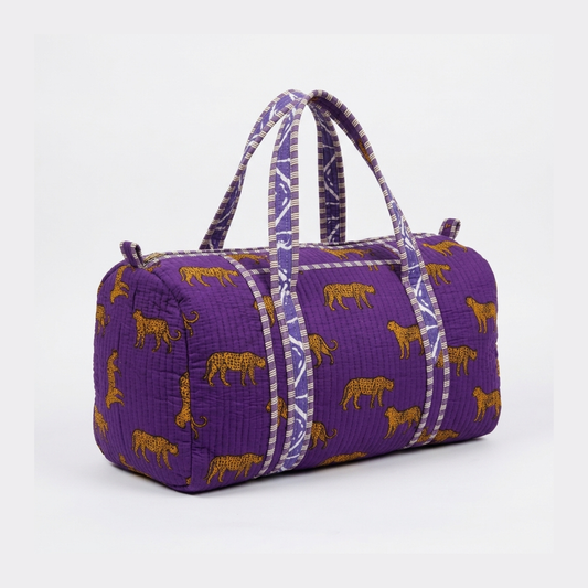 Purple Tiger Print Quilted Cotton Duffle Bag – Lightweight Travel Weekender