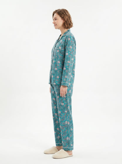 Women’s Teal Blue Floral Cotton Night Suit Set – Elegant Two Piece Pajama Set