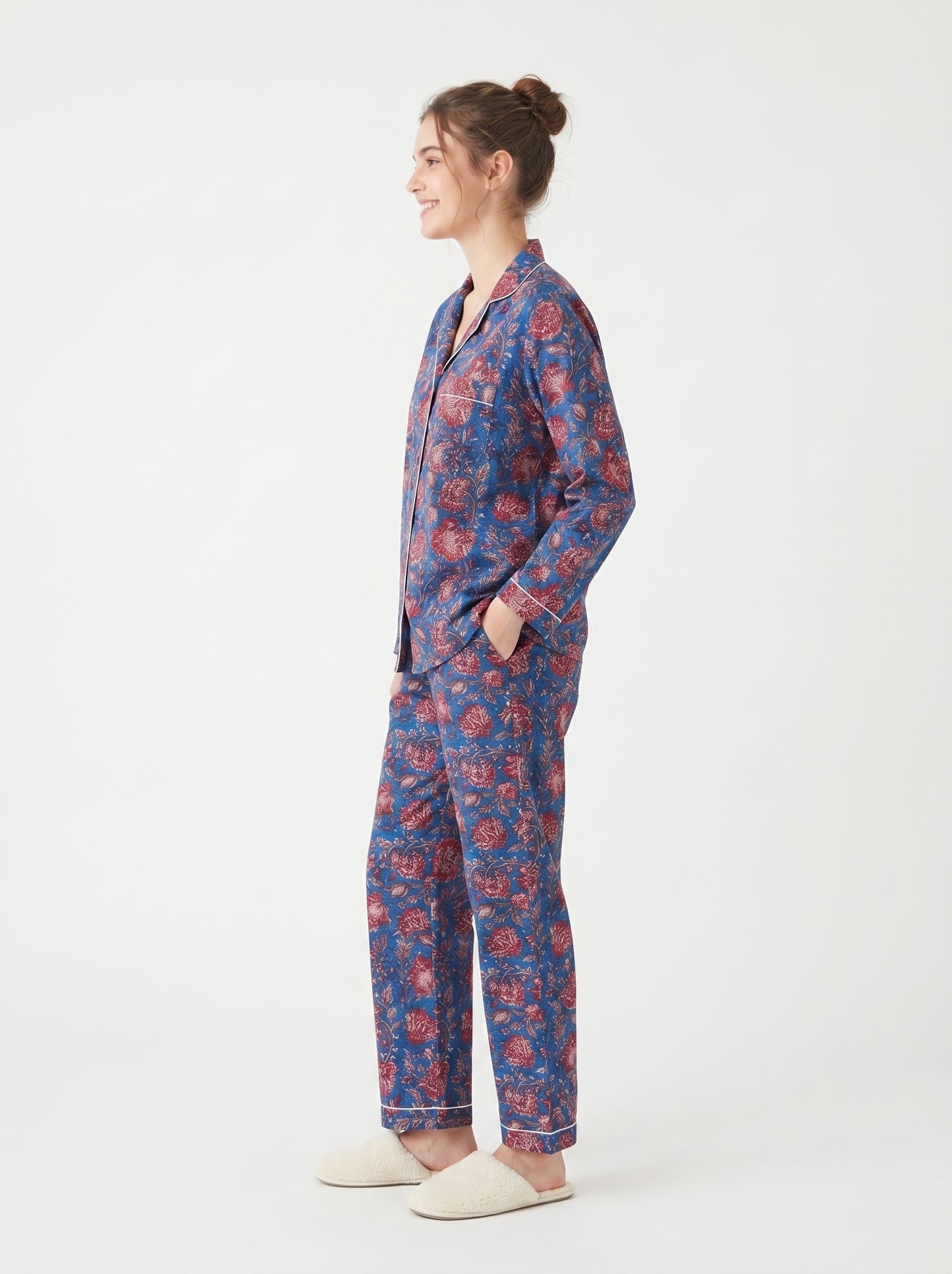 Women’s Crimson Blue Petals Cotton Night Suit Set – Elegant Two Piece Pajama Set