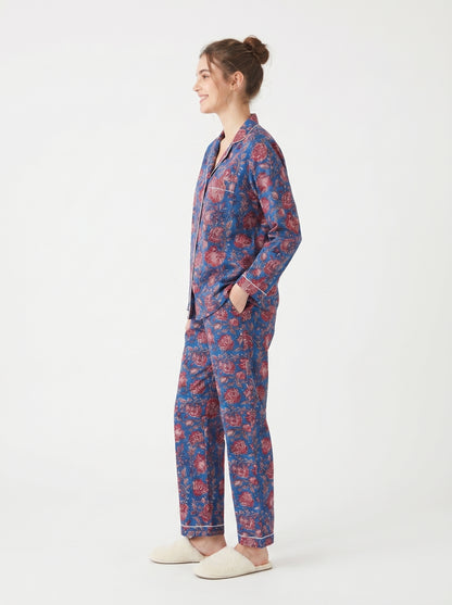 Women’s Crimson Blue Petals Cotton Night Suit Set – Elegant Two Piece Pajama Set