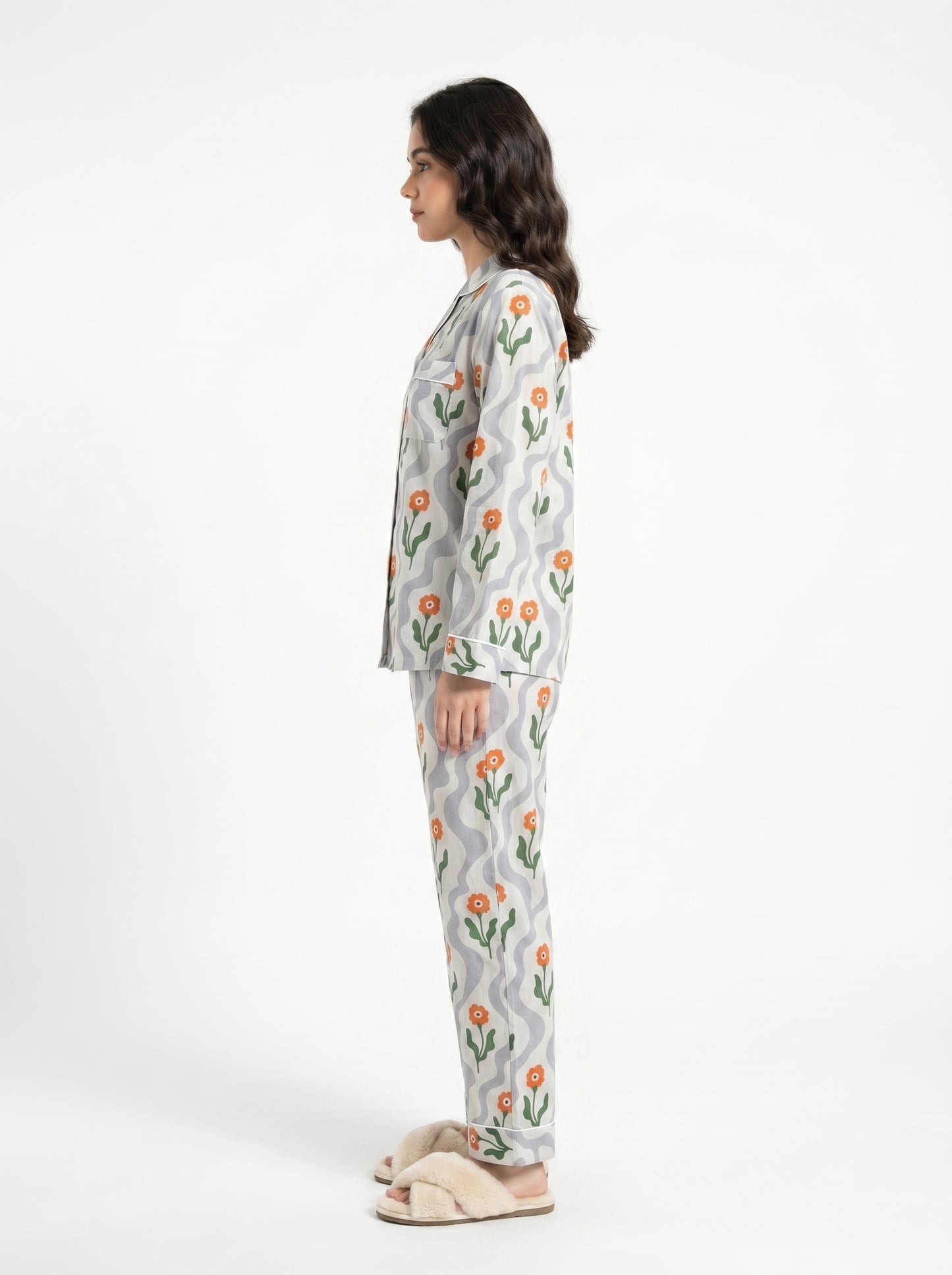 Women’s Orange Citrus Bloom Cotton Night Suit Set – Elegant Two Piece Pajama Set