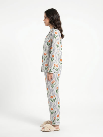 Women’s Orange Citrus Bloom Cotton Night Suit Set – Elegant Two Piece Pajama Set