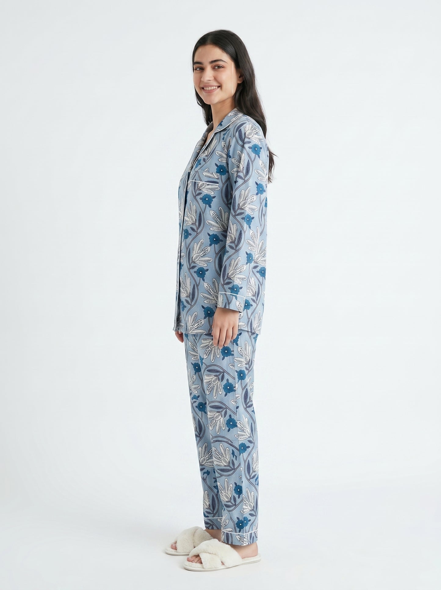Women’s Little Blue Blooms Print Cotton Night Suit Set – Cute Two Piece Pajama Set