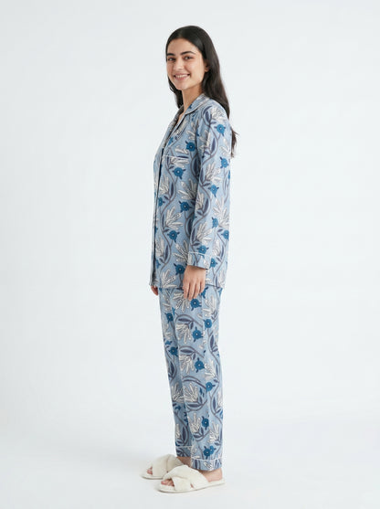 Women’s Little Blue Blooms Print Cotton Night Suit Set – Cute Two Piece Pajama Set