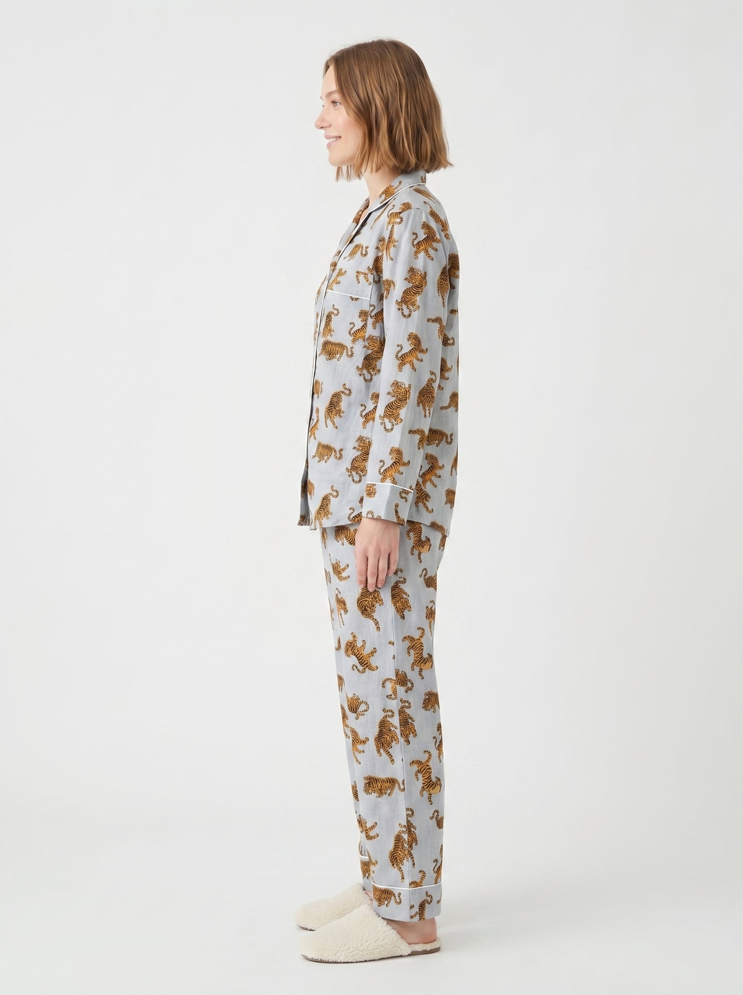 Women’s Smoky Blue Tiger Print Cotton Night Suit Set - Elegant Two Piece Pajama Set