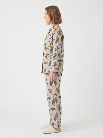 Women’s Smoky Blue Tiger Print Cotton Night Suit Set - Elegant Two Piece Pajama Set
