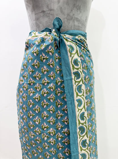 Cute Blue Floral Handblock Sarong - Beach Cover