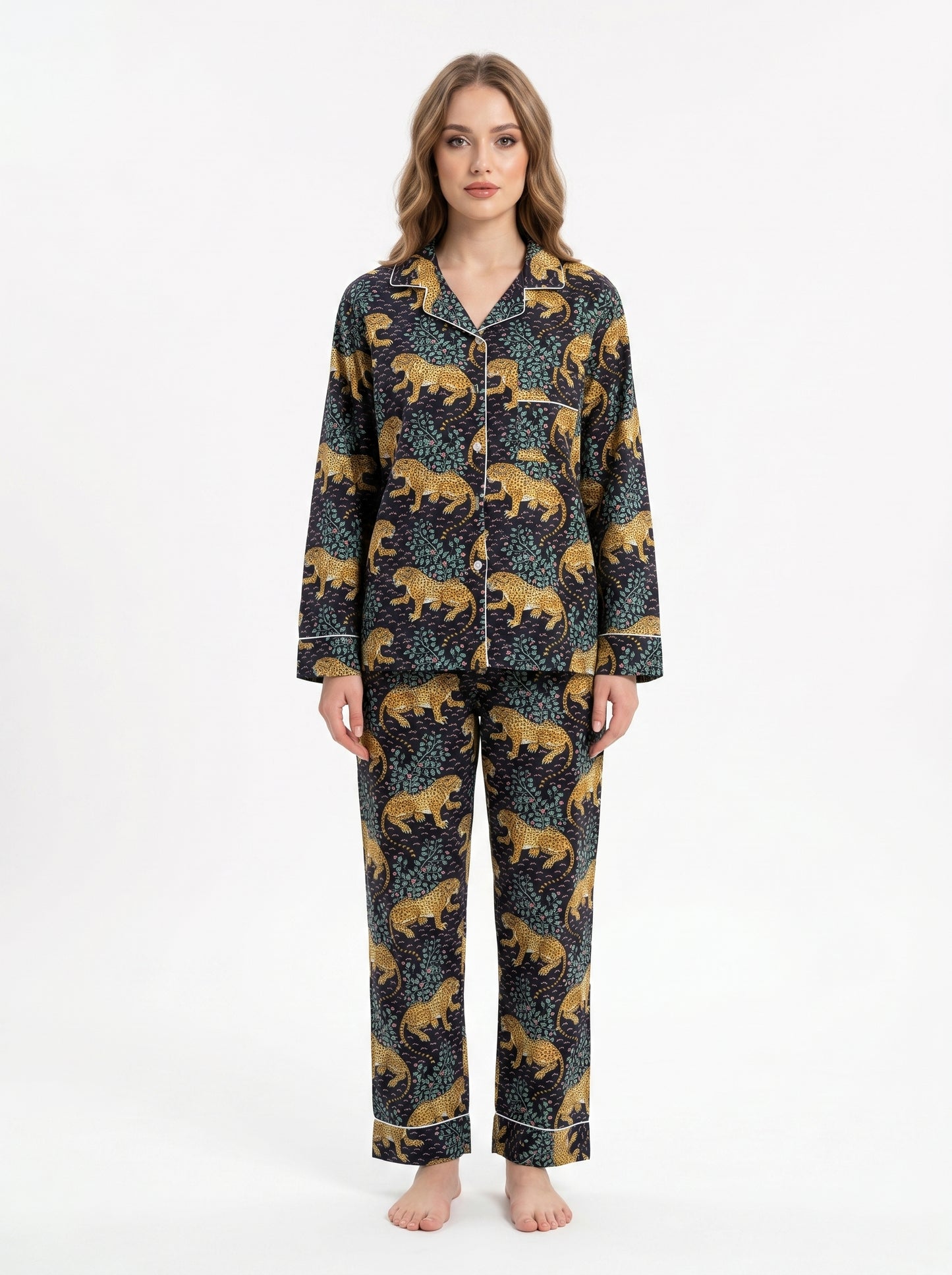 Women's Black Leopard Print Cotton Night Suit Set – Two Piece Pajama Set