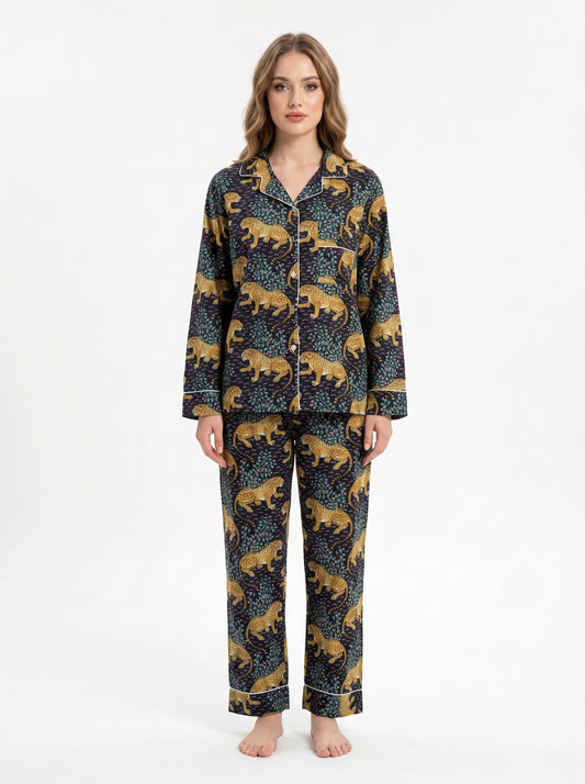 Women's Black Leopard Print Cotton Night Suit Set – Two Piece Pajama Set