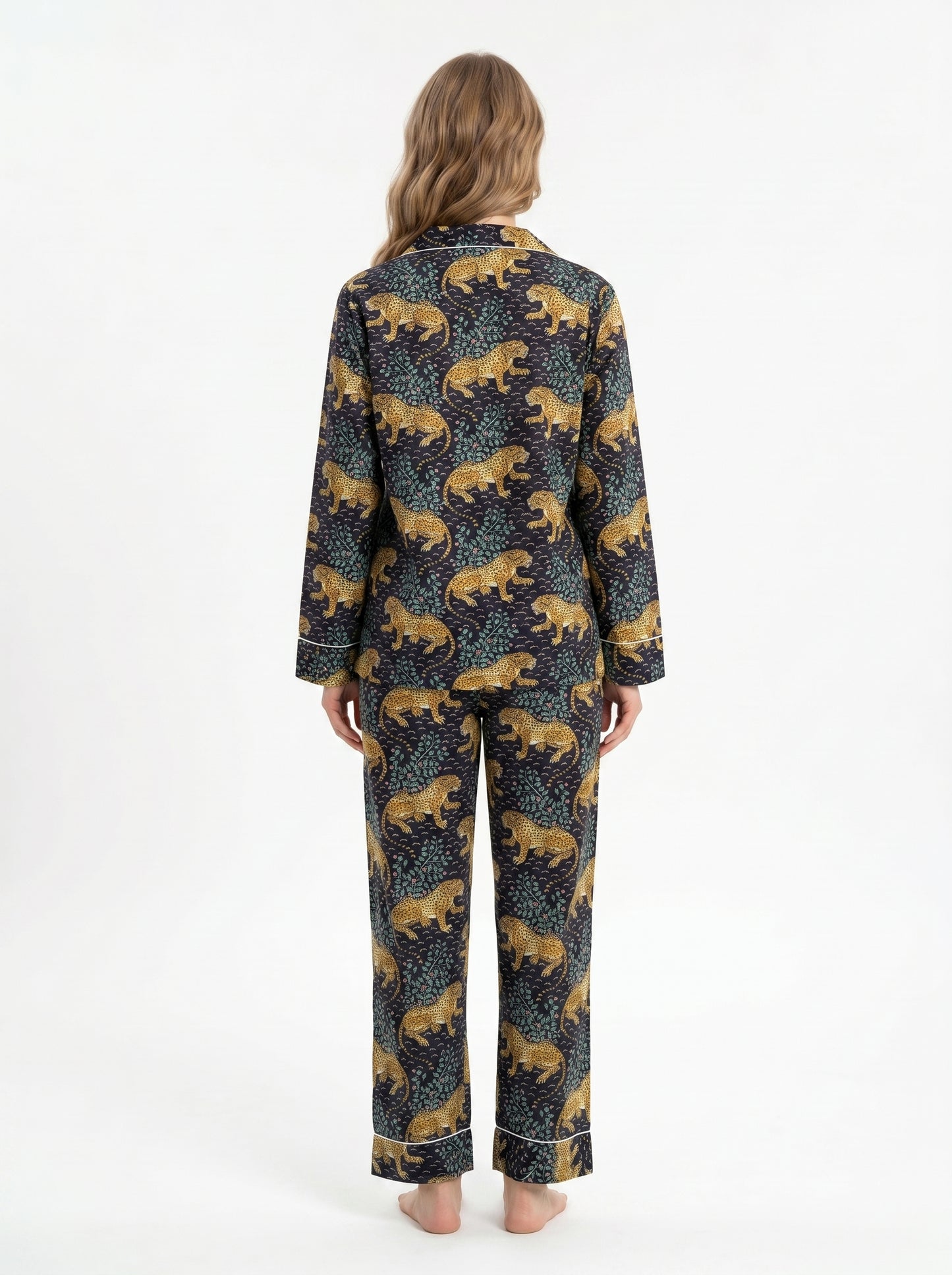 Women's Black Leopard Print Cotton Night Suit Set – Two Piece Pajama Set