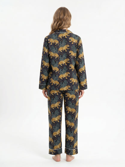 Women's Black Leopard Print Cotton Night Suit Set – Two Piece Pajama Set