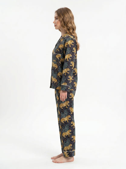 Women's Black Leopard Print Cotton Night Suit Set – Two Piece Pajama Set