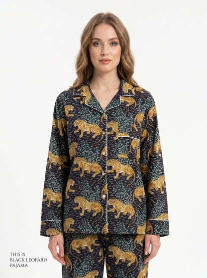 Women's Black Leopard Print Cotton Night Suit Set – Two Piece Pajama Set