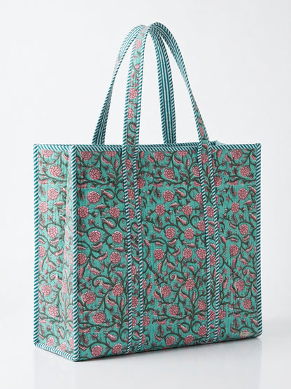 Pink Floral drops on Teal – Wander Tote Bag 18X18