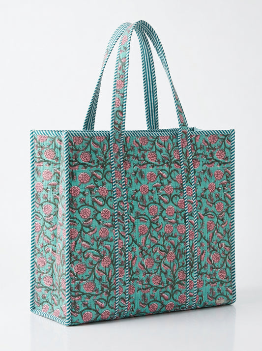 Pink Floral drops on Teal – Wander Tote Bag 18X18