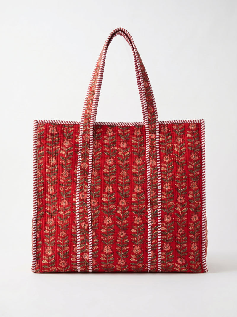 Scarlet red floral quilted cotton tote bag for women by House of Arya