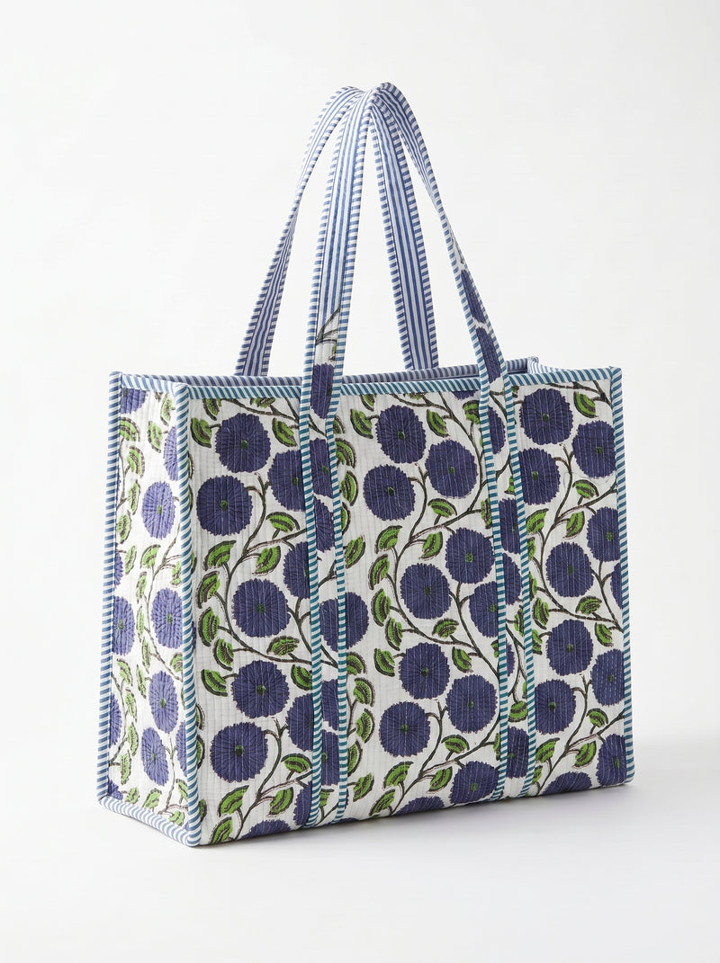 Indigo blue floral quilted cotton tote bag for women by House of Arya