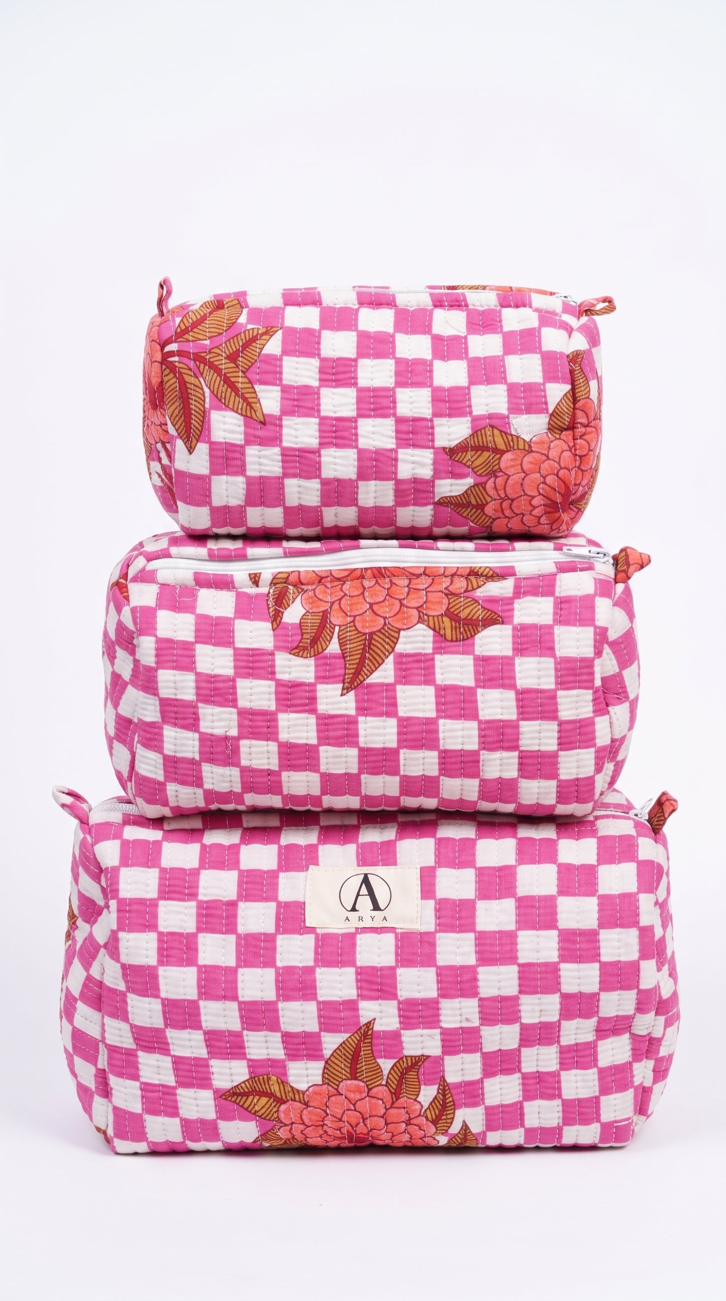 Pink Check Bloom - Utility Pouch Pack of 3