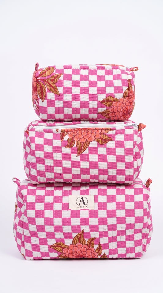 Pink Check Bloom - Utility Pouch Pack of 3