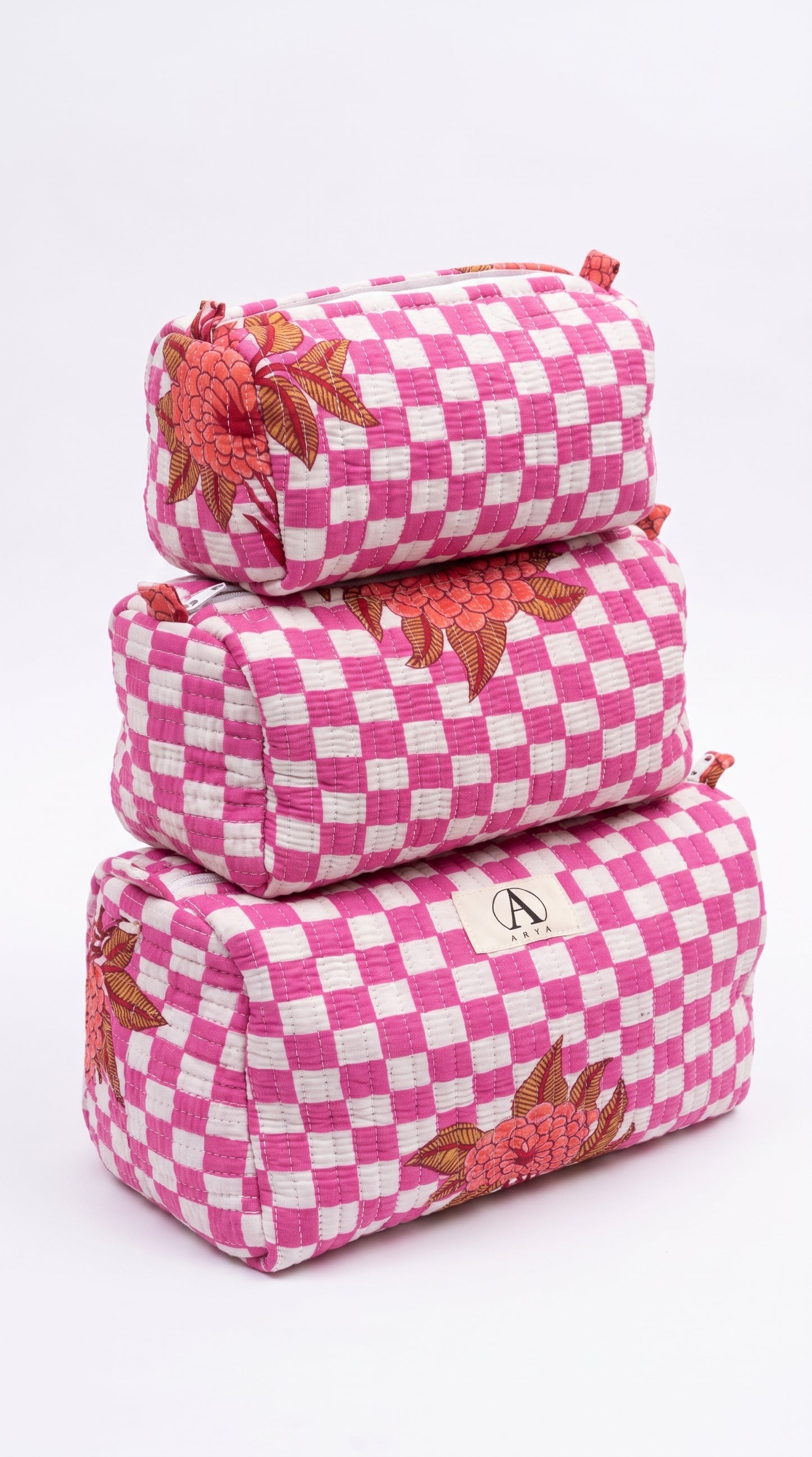 Pink Check Bloom - Utility Pouch Pack of 3