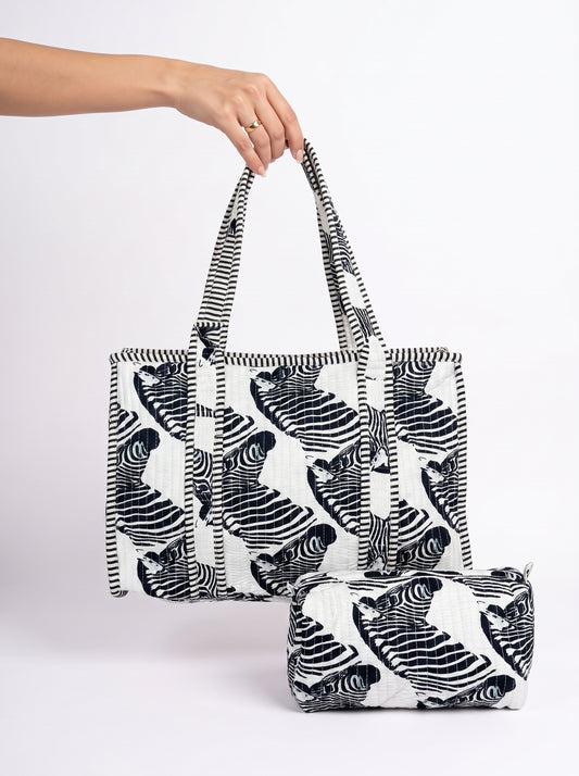 Black Chisel Zebra tiger Quilted Tote & Pouch Set