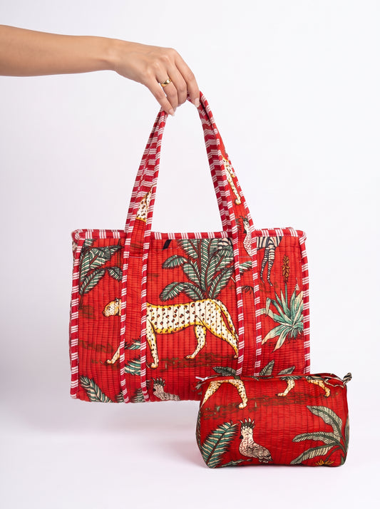 Red Safari Quilted Tote & Pouch Set