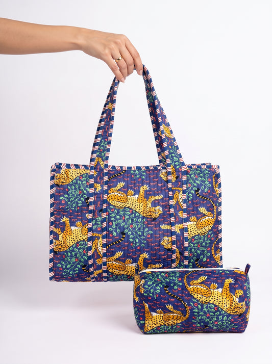 Blue Leopard tiger Quilted Tote & Pouch Set