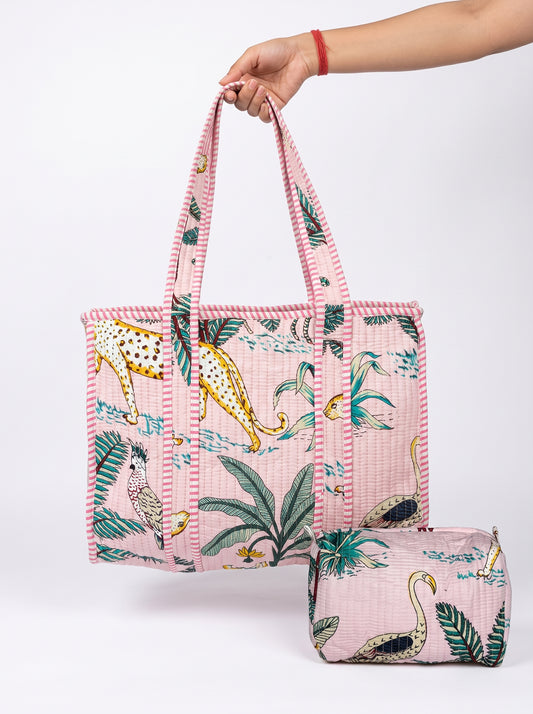 Blush Pink Safari Quilted Tote & Pouch Set