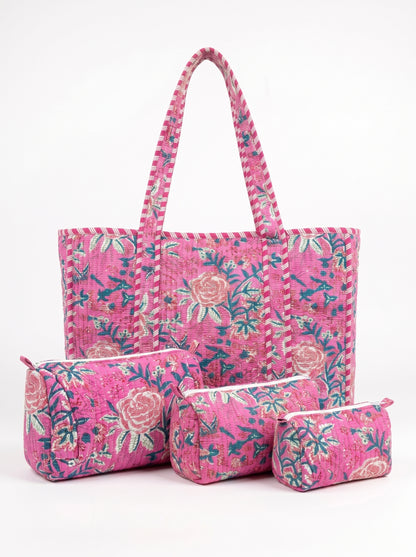 Pink Bloom Riot -  Tote & 3 Pouch Set 19X15
