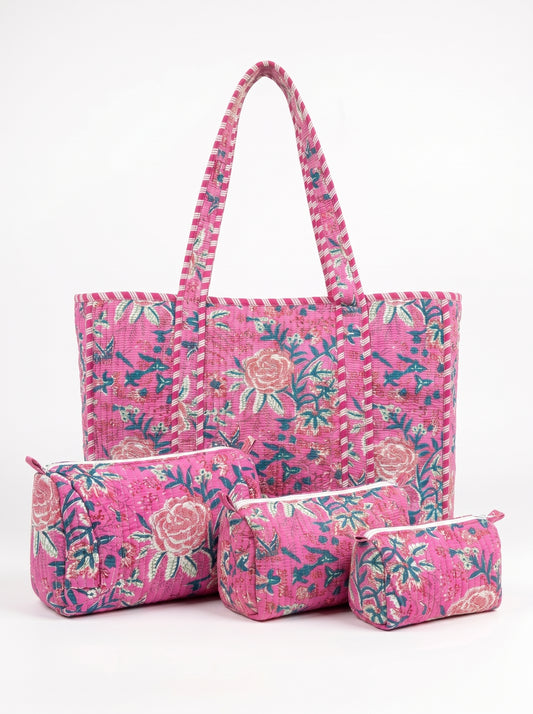 Pink Bloom Riot -  Tote & 3 Pouch Set 19X15