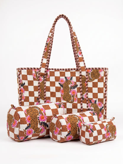 Brown Checkmate Princess Tiger - Tote & 3 Pouch Set 19X15