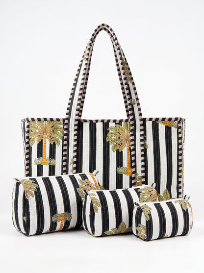Midnight Black Palms -  Tote & 3 Pouch Set 19X15