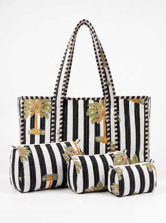 Midnight Black Palms -  Tote & 3 Pouch Set 19X15