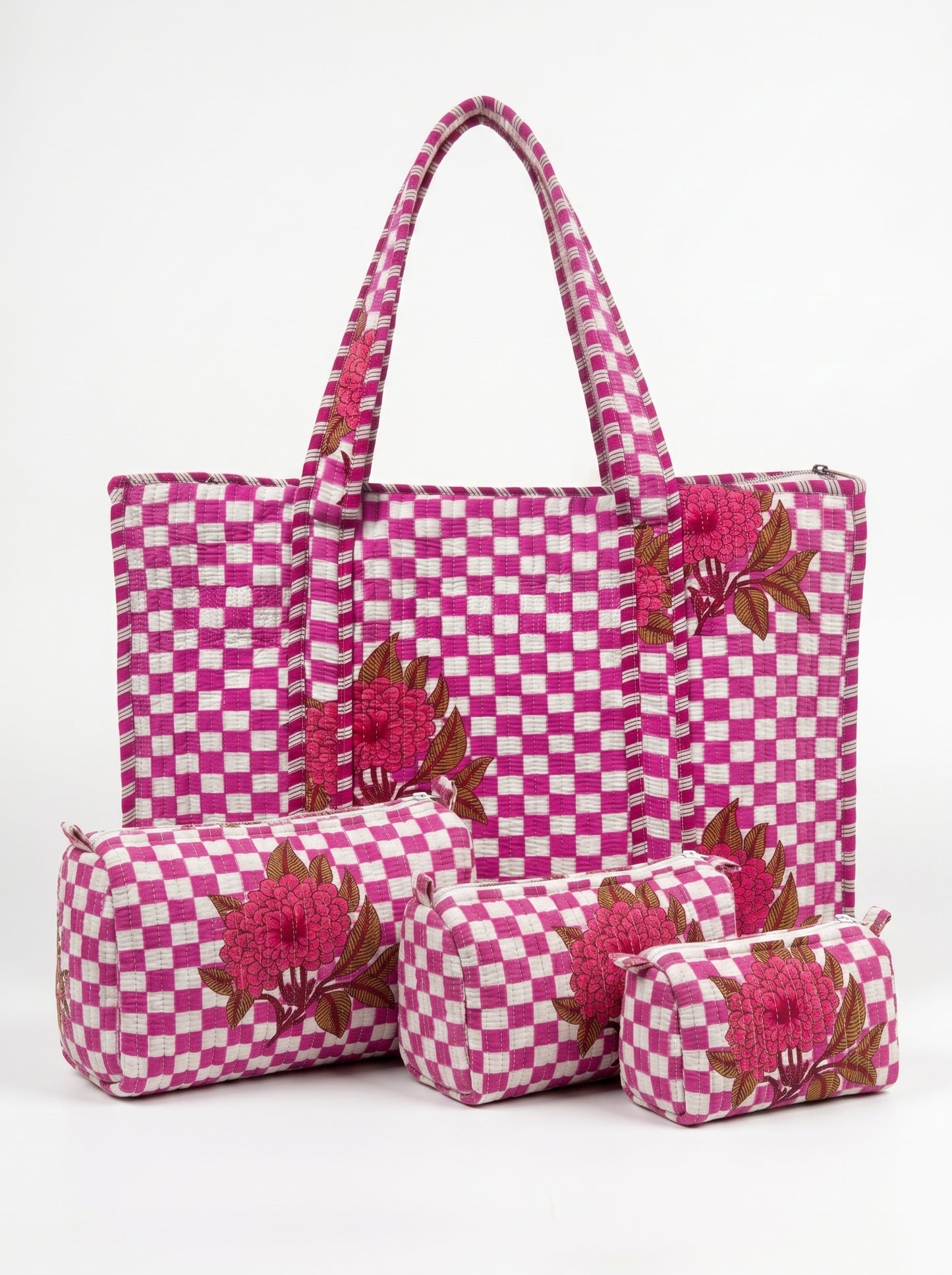 Pink Check Bloom - Tote & 3 Pouch Set 19X15