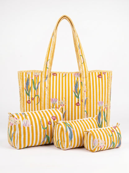 Yellow onion Stripe -  Tote & 3 Pouch Set 19X15