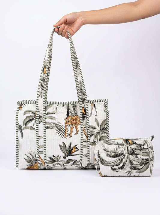 White Jungle Muse Quilted Tote & Pouch Set