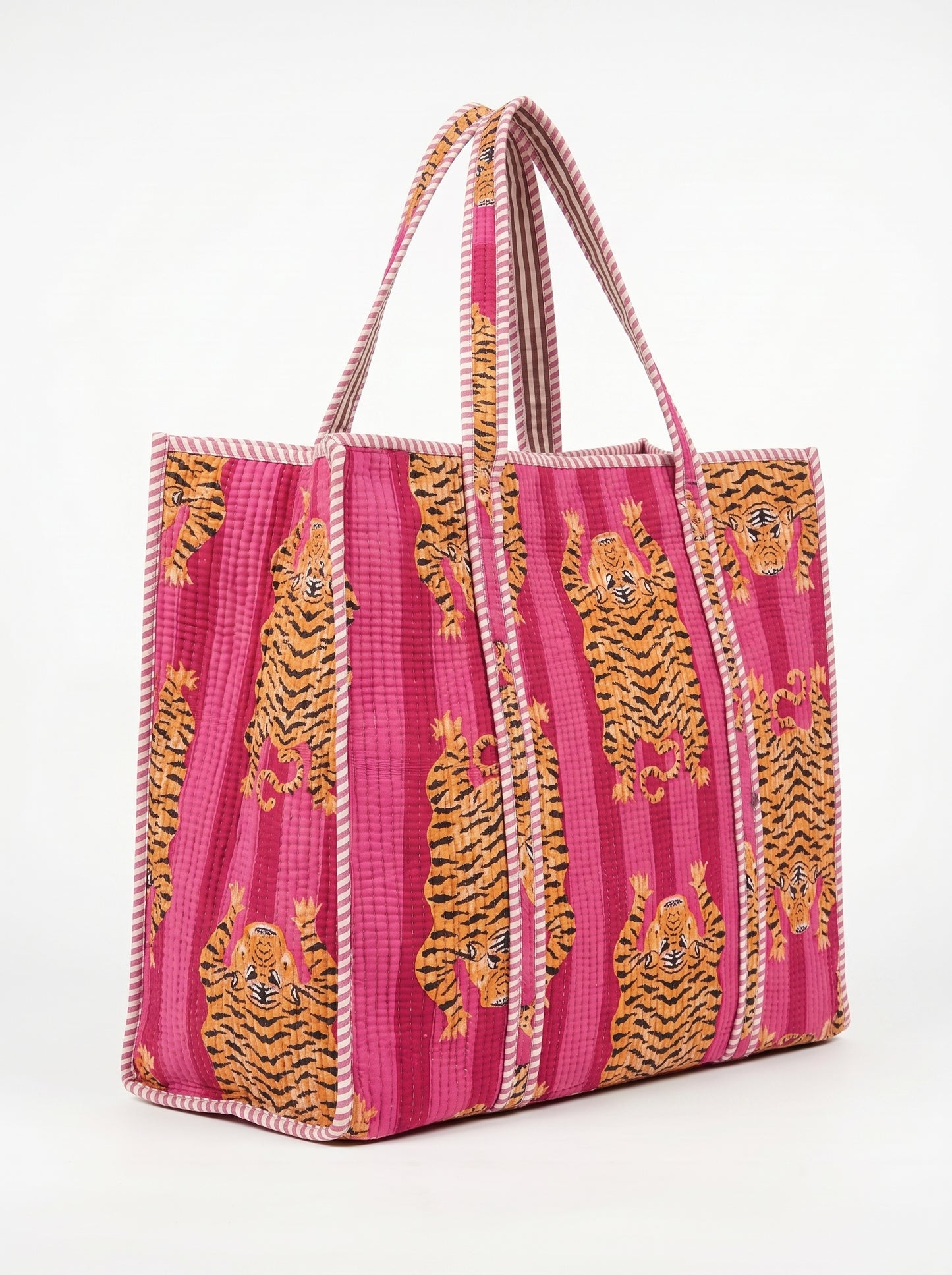 Pink Stripes Tiger Tibetan  – Wander Tote Bag 18x18