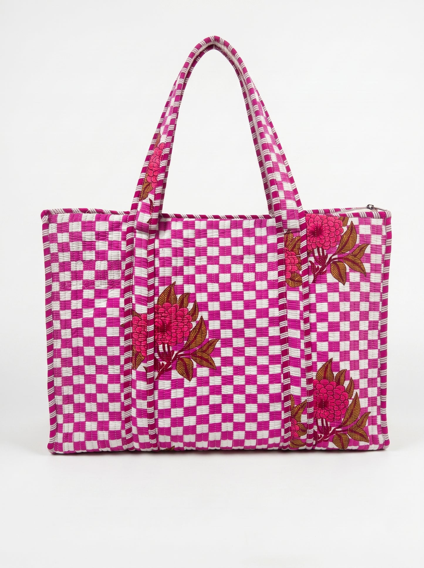 Pink Check Bloom - Tote & 3 Pouch Set 19X15