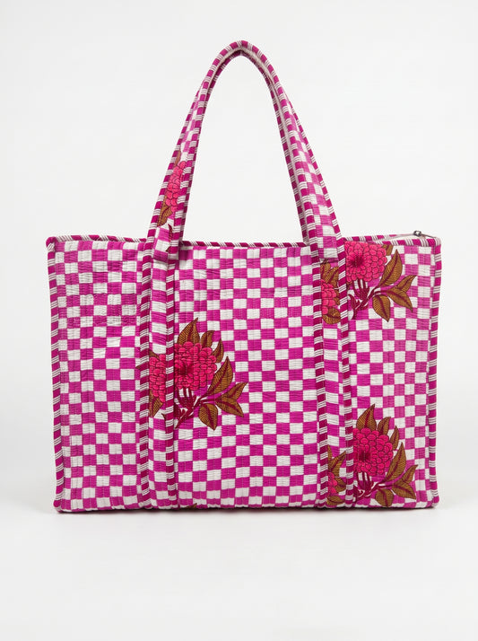 Pink Check Bloom - Tote Bag 19X15