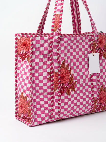 Pink Check Bloom - Tote Bag 19X15