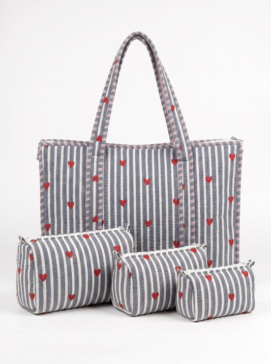 Grey Heart - Tote & 3 Pouch Set 19X15