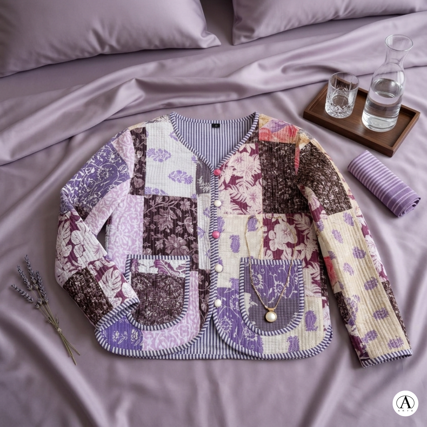Lilac Purple Charm – Lavender Patchwork Cotton Quilted Reversible Jacket