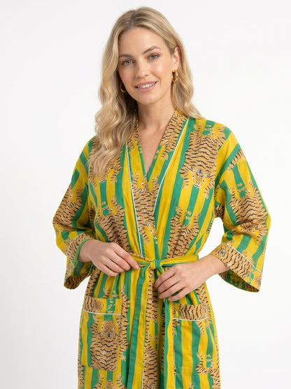 Tiger Yellow Green Stripes – Women’s Cotton Kimono