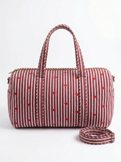 Red Hearts Quilted Cotton Duffle Bag – Lightweight Travel Weekender