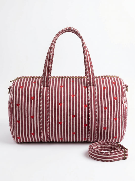 Red Hearts Quilted Cotton Duffle Bag – Lightweight Travel Weekender