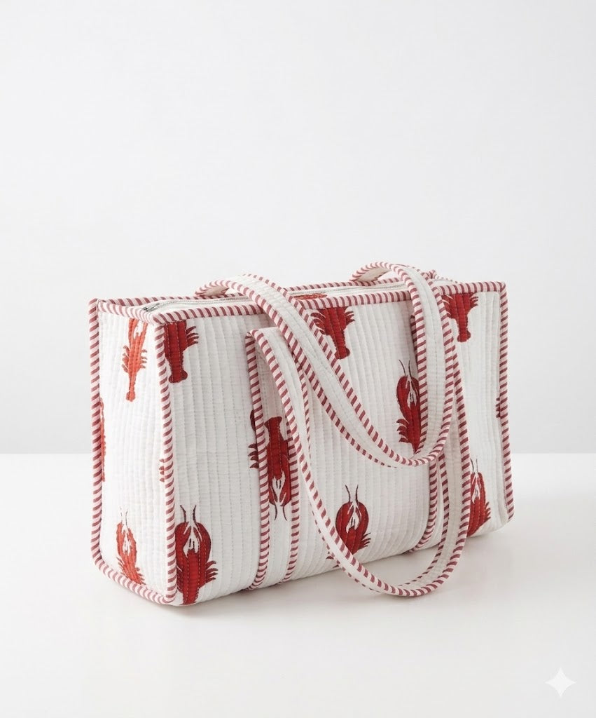 White Lobster Quilted Mini Tote Bag 10X14