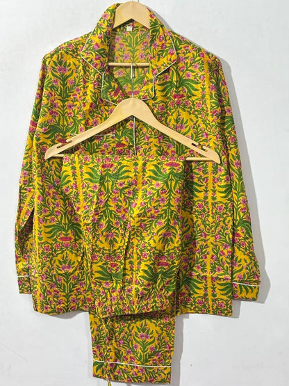 Women's Yellow Botanical Floral – Elegant Two Piece Cotton Pajama Set