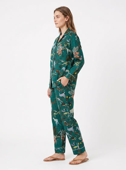 Women's Bottle Green – Elegant Two Piece Cotton Pajama Set