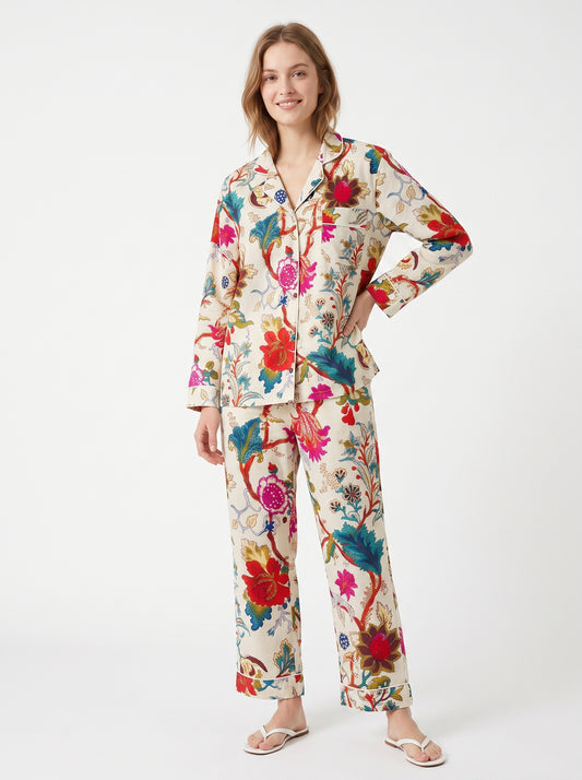 Women's White Vine Garden – Elegant Two Piece Cotton Pajama Set